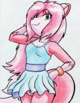 anthro breasts cleavage clothed clothing female fur genitals green_eyes hair no_underwear pink_body pink_fur pink_hair pubes pussy solo upskirt terdburgler linda_wright canid canine domestic_cat felid feline felis fox hybrid mammal 2017 hi_res