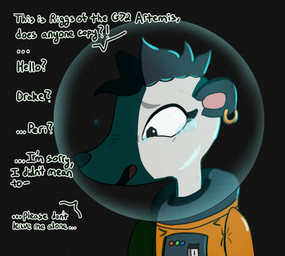 anthro armor black_hair blue_glow bodily_fluids bubble_helmet dialogue ear_piercing ear_ring female fur glass glowing grey_body grey_fur hair headgear helmet mohawk piercing pink_nose ring_piercing scared solo spacesuit sweat tears zero_gravity yoona_starscale cobalt_core riggs_(cobalt_core) american_opossum mammal marsupial absurd_res hi_res