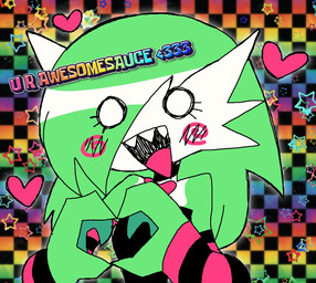 alternative_fashion blush checkered checkered_background colorful_background female gesture hair hair_over_eye heart_gesture heart_symbol not_furry open_mouth open_smile pattern_background scene_(fashion) sharp_teeth simple_background smile solo teeth melfunnysmell nintendo pokemon gardevoir generation_3_pokemon humanoid pokemon_(species) hi_res
