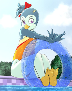 accessory anthro avian_feet beak biped black_body black_hair blue_eyes blush blush_lines bow_ribbon clothed clothing countershade_face countershade_torso countershading day eyebrows feet female flat_chested hair hair_accessory hair_bow hair_ribbon inflatable inner_tube membrane_(anatomy) one-piece_swimsuit outside poolside ribbons short_hair sitting sitting_on_ground solo swimwear toes water webbed_feet white_body white_countershading young young_anthro young_female risingdragon avian bird penguin 2025 4:5 hi_res