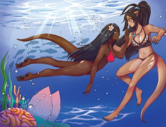 5_fingers 5_toes anthro barefoot bikini bikini_bottom bikini_top black_hair black_nose breasts brown_body brown_fur butt clothing duo feet female fingers fully_submerged fur hair humanoid_feet humanoid_hands long_hair navel plantigrade swimming swimwear toes two-piece_swimsuit underwater water hans_trondheim the_depths lei-lani talula_tonalea mammal mustelid otter