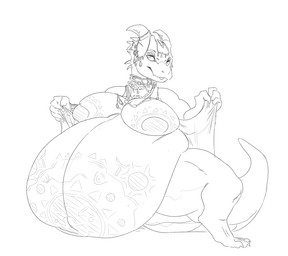 anthro belly big_belly big_breasts breasts female horn huge_belly huge_hips huge_thighs navel nipples non-mammal_breasts non-mammal_navel non-mammal_nipples overweight overweight_anthro overweight_female pasties simple_background solo thick_thighs white_background wide_hips grindaviking reptile scalie 2019 monochrome