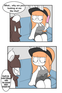 anthro black_clothing black_hat black_headwear bodily_fluids bottomwear breasts brown_hair cleavage clothed clothing dialogue duo eyelashes fake_bulge female food furniture grey_bottomwear grey_clothing grey_shirt grey_shorts grey_tank_top grey_topwear hair hat headgear headwear male orange_hair ponytail popsicle shirt shorts sitting sofa speech_bubble sweat tank_top text topwear tonytoran tina_(tonytoran) tony_(tonytoran) chinchilla chinchillid lagomorph leporid mammal rabbit rodent absurd_res comic hi_res