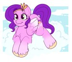 chest_tuft cloud crown cutie_mark female feral fur green_eyes hair headgear hooves lying pink_body pink_fur purple_hair purple_tail sky smile solo tail tuft wings lulubell hasbro mlp_g5 my_little_pony mythology pipp_petals_(mlp) equid equine mammal mythological_creature mythological_equine pegasus