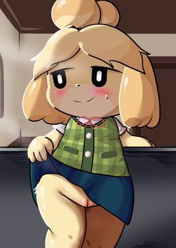 anthro blush bodily_fluids bottomwear clothed clothing clothing_lift crotch_lines detailed_background female flashing flashing_pussy fur genitals inside presenting presenting_vulva skirt skirt_lift smile solo sweat thick_thighs vulva yellow_body yellow_fur olihai animal_crossing nintendo isabelle_(animal_crossing) canid canine canis domestic_dog mammal absurd_res hi_res