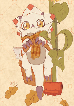 anthro basket claws container countershading grey_body grey_countershading horn male plant scarf solo tail white_body yogurtpubes bandai_namco digimon digimon_(species) gammamon hi_res