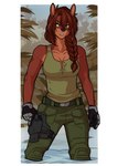 anthro athletic athletic_anthro athletic_female bangs belt biped black_clothing black_gloves black_handwear bottomwear braided_hair braided_ponytail brown_body brown_hair brown_nose clothed clothed_anthro clothed_female clothing collarbone countershade_face countershade_torso countershading eyebrows female female_anthro fingers front_view fully_clothed fully_clothed_anthro fully_clothed_female gloves green_belt green_bottomwear green_clothing green_eyes green_pants green_shirt green_tank_top green_topwear hair hair_between_eyes handwear holster holstered_pistol iris long_hair military_uniform monotone_hair multicolored_body outside pants partially_submerged plant ponytail pupils shirt solo standing standing_in_water tan_body tan_countershading tan_inner_ear tank_top topwear two_tone_body uniform water white_sclera lotusgarden maya_(grizzlygus) cervine deer mammal red_deer 2025 absurd_res hi_res portrait three-quarter_portrait
