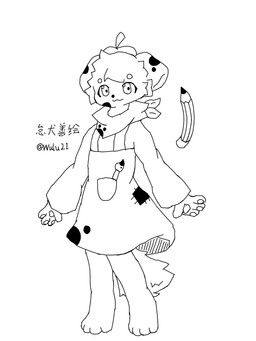 ambiguous_gender apron beret brush clothing fur hat headgear headwear ink looking_at_viewer paintbrush pencil_(object) pivoted_ears scarf simple_background smile solo stain stained_clothing stained_fur tail text white_background white_body white_fur young wulu21 daiquanshanhui_(wulu21) canid canine canis domestic_dog humanoid mammal 3:4 absurd_res chinese_text hi_res