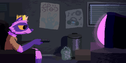 anthro armchair chair crown detailed_background electronics furniture headgear inside male poster sitting solo television toony demensa mammal procyonid raccoon 2025 2:1 digital_media_(artwork) hi_res pixel_(artwork)