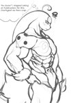 abs anthro biceps big_muscles dots fluffy fluffy_tail hair long_ears long_hair male muscular muscular_anthro muscular_male solo swirls tail text conditional_dnp daserfomalhaut lagomorph leporid mammal rabbit english_text hi_res monochrome