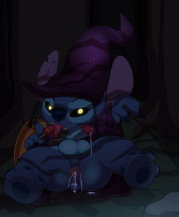 4_fingers 4_toes anus balls big_balls black_eyes blue_body blue_claws blue_nose blue_pawpads bodily_fluids butt candy claws clothing costume cum cum_in_ass cum_inside cum_on_tail dark dessert erection feet fingers food foreskin genital_fluids genitals glowing glowing_eyes halloween_costume hat headgear headwear holidays humanoid_genitalia humanoid_penis lollipop looking_at_viewer male notched_ear partially_retracted_foreskin pawpads penis presenting puffy_anus pupils small_tail solo tail toes tongue yellow_pupils jerseydevil disney halloween lilo_and_stitch stitch_(lilo_and_stitch) alien experiment_(lilo_and_stitch) mammal 2016 absurd_res digital_drawing_(artwork) digital_media_(artwork) hi_res