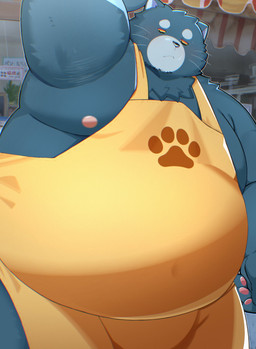 anthro apron belly big_belly clothing kemono male moobs nipples overweight overweight_male solo trail_arnak domestic_cat felid feline felis mammal 2026 absurd_res hi_res