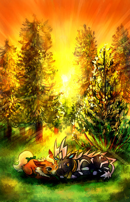 ambiguous_gender black_body blue_eyes brown_eyes cuddling detailed_background duo feral fur grass nature orange_body orange_fur outside plant quadruped sunset tree wood yellow_sclera haychel nintendo pokemon eeveelution flareon generation_1_pokemon generation_5_pokemon pokemon_(species) zebstrika 2012 absurd_res digital_media_(artwork) hi_res orange_theme