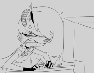 4_fingers angry anthro bent_over blush bodily_fluids choker clenched_teeth clothed clothing collar computer crop_top cross-popping_vein crying electronics eyelashes female fingerless_gloves fingers frown fur gloves grey_background hair hair_over_eye handwear jewelry keyboard leaning leaning_forward long_hair monitor necklace notched_ear shirt simple_background solo spiked_collar spikes tears tears_of_rage teeth topwear typing keno9988 hellaverse helluva_boss mythology loona_(helluva_boss) canid canid_demon canine demon hellhound mammal mythological_canine mythological_creature 2023 black_and_white monochrome sketch