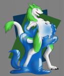 anal belly big_belly fur genitals green_body green_fur inflation male penis slime solo tail white_body white_fur koorikitsune nul goo_creature sergal absurd_res hi_res