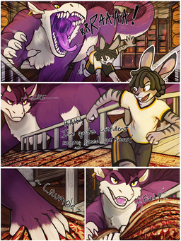 ambiguous_gender anthro black_hair bodily_fluids border clothed clothing dialogue dreadlocks duo feral fur grey_body grey_fur hair inside male mane open_mouth purple_body purple_fur purple_mane purple_tongue red_eyes saliva saliva_string scared shirt t-shirt tongue tongue_out topwear unwilling_prey white_body white_border white_fur yellow_eyes acidic mythology dragon lagomorph leporid mammal mythological_creature mythological_scalie rabbit scalie comic hi_res