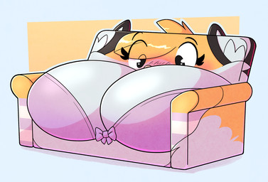big_breasts blonde_hair blush bra breasts busty_inanimate clothing female furniture hair implied_transformation simple_background sofa solo surprised underwear yellow_body 2b-labs zera_(titsunekitsune) animate_inanimate canid canine fox living_furniture mammal 2025 digital_media_(artwork)