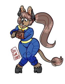 anthro big_breasts blue_eyes breasts brown_hair clothed clothing female fur hair open_mouth solo vault_suit galgorithm fallout microsoft swan_lovejoy bovid bovine canid canine cattle hybrid mammal 2018 hi_res