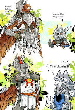 anthro armor beak feathers headgear helmet male profanity text wings 7albi dark_souls elden_ring elden_ring_nightreign fromsoftware artorias_the_abysswalker great_grey_wolf_sif guardian_(nightreign) solaire_of_astora wylder_(nightreign) accipitrid accipitriform avian bird digital_drawing_(artwork) digital_media_(artwork) english_text hi_res