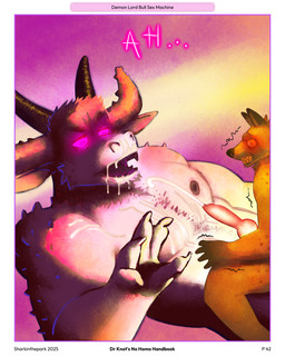 5_fingers after_transformation anthro anthro_on_anthro black_horn bodily_fluids border corruption cum cum_on_chest cum_on_lips duo erection fangs fingers genital_fluids genitals glowing glowing_eyes glowing_text horn knot knotted_penis larger_male male male/male nipples nude open_mouth orange_eyes penis pink_eyes ringed_eyes shaking sharp_teeth size_difference smaller_male smaller_on_top spikes spikes_(anatomy) teeth text tremble_lines trembling white_border sharkinthepark bovid bovine canid canine cattle demon fox mammal 2025 4:5 absurd_res comic english_text hi_res