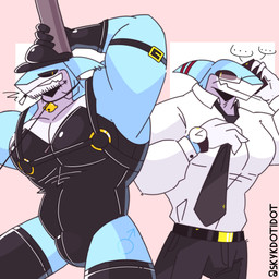 accessory anthro arm_strap bell bell_collar belt biceps big_muscles biped black_bottomwear black_clothing black_gloves black_handwear black_hat black_headwear black_legwear black_necktie black_pants black_sclera black_skinsuit black_stockings blue_body bottomwear cellphone cigarette cigarette_in_mouth clock clothed clothed_anthro clothed_male clothing collar countershade_face countershade_neck countershade_torso countershading electronics ellipsis eyewear fin fin_piercing fin_ring flesh_fang front_view fully_clothed fully_clothed_anthro fully_clothed_male furgonomic_piercing furgonomics gender_symbol gender_symbol_tattoo gills glasses gloves handwear hat head_fin headgear headwear holding_cellphone holding_object holding_phone holding_smartphone huge_muscles jingle_bell jingle_bell_collar leash leashed_collar leg_tattoo legwear looking_at_another male male_symbol male_symbol_tattoo mouth_closed multicolored_body muscular muscular_anthro muscular_male neck_gills necktie o-ring object_in_mouth pants pecs phone piercing pince-nez pink_background pupils rectangular_glasses red_stripes shirt simple_background skinsuit slit_pupils smartphone smile smirk smoking smoking_cigarette snout solo speech_bubble stockings striped_fin stripes stubble symbol tattoo text tight_clothing tight_topwear topwear two_tone_body watch wearing_glasses white_body white_clothing white_countershading white_dress_shirt white_gloves white_handwear white_shirt white_topwear wristwatch yellow_eyes skykdotidot sky_k.i._(character) aquatic fish shark 2024 artist_name digital_drawing_(artwork) digital_media_(artwork) hi_res portrait three-quarter_portrait