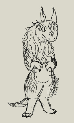3_fingers 3_toes ambiguous_gender anthro belly_nipples claws digitigrade feet finger_claws fingers handpaw looking_at_viewer mane paws pointy_ears scales simple_background solo standing stare toe_claws toes young babbage fallout microsoft night_stalker_(fallout) scalie 2024 3:5 dated digital_drawing_(artwork) digital_media_(artwork) hi_res signature sketch