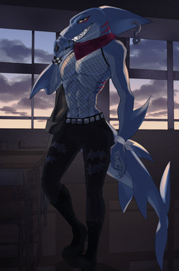 anthro clothed clothing fishnet_clothing gills male piercing sharp_teeth solo teeth topless topless_male torn_clothing maywisher dungeons_of_aether rivals_of_aether slade_(dungeons_of_aether) aquatic fish shark hi_res