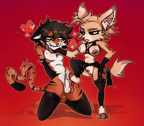 3_toes anthro armwear balls black_nose bodily_fluids breasts cat_o'_nine_tails clothed clothing dominant dominant_female dominatrix duo eye_contact feet female fluffy fluffy_tail foot_fetish foot_on_penis foot_play footjob fur genitals green_eyes hair harness heart_symbol humanoid_genitalia humanoid_penis inner_ear_fluff interspecies kneeling legwear looking_at_another love lustful_gaze male male/female nipples orange_body orange_fur paws penis pink_nose sex simple_background size_difference slicked_back_hair smaller_female smile stripes submissive submissive_male sweat tail toes tuft vulva whip white_body white_fur fckinmaggot tiger_boy_(vex714) zalla_(vex714) canid canine felid fennec_fox fox mammal pantherine tiger true_fox 2025 hi_res