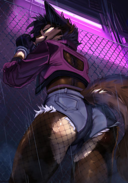 anthro bottomwear brown_body brown_fur bulge butt clothed clothing cyberpunk denim denim_bottomwear denim_clothing denim_shorts detailed_background femboy fence fishnet_clothing fishnet_legwear fur gloves hair handwear hotpants jacket legwear looking_at_viewer looking_back looking_back_at_viewer male neon_lights outside presenting presenting_hindquarters raining rear_view shirt shorts smile solo tail topwear milajanh canid canine canis domestic_dog german_shepherd herding_dog mammal pastoral_dog 2025 absurd_res digital_media_(artwork) hi_res