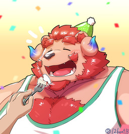 anthro blush body_hair cake chest_hair clothing cutlery dessert facial_hair feeding food fork fur hat headgear headwear horn kitchen_utensils male mustache party_hat pink_body pink_fur shirt tank_top tools topwear 12beat13 lifewonders tokyo_afterschool_summoners chernobog_(tas) demon hi_res