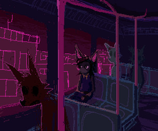 ambiguous_gender anthro building clothing detailed_background group inside leaf_nose shirt sitting topwear train vehicle demensa bat mammal 2020 6:5 digital_media_(artwork) pixel_(artwork)