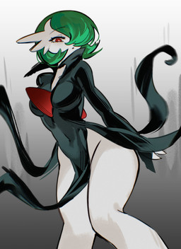 bent_legs biped black_clothing black_dress breasts clothed clothing cosplay crossover_cosplay dress female green_hair grey_background hair hair_over_eye looking_at_viewer looking_down medium_breasts navel_outline red_eyes simple_background small_waist solo thick_thighs white_body wide_hips chunniwa nintendo one-punch_man one_(manga) pokemon tatsumaki gardevoir generation_3_pokemon humanoid pokemon_(species) 2026 absurd_res chromatic_aberration crossover film_grain hi_res portrait three-quarter_portrait