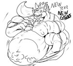 5_fingers anthro belly big_belly fingers grin huge_belly huge_muscle hyper hyper_belly imprint male musclegut muscular nude sharp_teeth smile solo teeth text vore fierglief swaggy canid canine canis mammal wolf absurd_res english_text hi_res monochrome