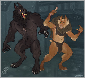 after_transformation anthro bared_teeth black_body black_fur blood bodily_fluids bone border bottomwear brown_body brown_fur building claws cloak clothed clothing detailed_background digitigrade duo fur grey_body grey_border grey_fur loincloth looking_at_another male mane monk naturally_censored navel nude open_mouth outside partially_clothed raining sharp_teeth tan_body tan_fur teeth toony torn_clothing village alridpath beasts-flesh mythology van_helsing canid canine mammal mythological_canine mythological_creature werecanid werecanine werecreature werewolf artist_collaboration detailed hi_res signature