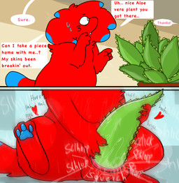 aloe_vera anthro balls bodily_fluids dialogue fur genitals improvised_sex_toy male multicolored_body objectophilia pawpads plant red_body red_fur sweat text nakeilyar fan_character wilt_(nakeilyar) comic english_text