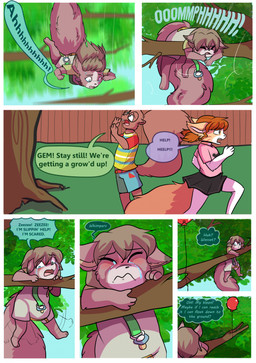 anthro balloon bodily_fluids bottomwear clothed clothing dialogue female group inflatable male object_in_mouth pacifier pacifier_in_mouth plant shirt short skirt speech_bubble tail tears text topwear tree trio young babystar gemma_polson zeezee_(zee-zee) domestic_cat felid feline felis mammal rodent sciurid tree_squirrel comic english_text hi_res