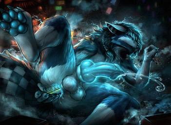 abs anal anal_masturbation animal_genitalia anthro blue_body blue_fur bodily_fluids canine_genitalia city_crushing city_destruction cum destruction dreadlocks ejaculation electricity electricity_manipulation elemental_manipulation fur genital_fluids genitals glowing glowing_eyes knot masturbation orgasm pecs vehicle_insertion azhax canid canine canis mammal wolf hi_res