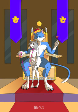 alcohol anthro banner belt beverage blue_body blue_fur bodily_fluids chair chest_tuft container crown cum cum_inside cup drinking_glass duo ejaculation female fucked_silly fur furniture genital_fluids glass glass_container glass_cup grey_hair hair headgear lactating lactating_during_sex looking_at_viewer machine male male/female muscular muscular_male nipples purple_eyes red_carpet size_difference throne tongue tongue_out tuft white_body window wine wine_glass 10ne-v alexa_(10ne-v) canid canine domestic_cat felid feline felis fox living_machine mammal robot absurd_res hi_res