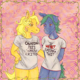 anthro blonde_hair bodily_fluids brown_eyes clothed clothing duo eye_bags female female/female fluffy fluffy_tail genital_fluids gradient_background green_hair hair hoof_hands messy_hair nipple_outline nipple_piercing nipples piercing profanity shirt simple_background slim snout t-shirt tail text thick_thighs topwear urine yellow_body yellow_eyes wwormguts freddie_(wwormguts) seaweed_(totalstinker) equid equine horse mammal pony 1:1 colored digital_drawing_(artwork) digital_media_(artwork) english_text