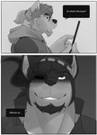 anthro beard canid canine canis comic dialogue domestic_dog duo english_text eyewear facial_hair glasses hair hi_res ken_(sush1d0g3) male male/male mammal monochrome ponytail speech_bubble sush1d0g3 text