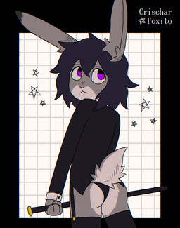4_fingers anthro black_clothing black_jacket black_panties black_topwear black_underwear butt clothing cuffs_(clothing) femboy fingers footwear fur geometric_background grey_body grey_fur jacket legwear looking_back male panties purple_eyes rear_view scut_tail short_tail simple_background socks solo star tail text thigh_highs thigh_socks topwear underwear crischar_foxito lagomorph leporid mammal rabbit 2025 absurd_res artist_name digital_drawing_(artwork) digital_media_(artwork) hi_res portrait three-quarter_portrait