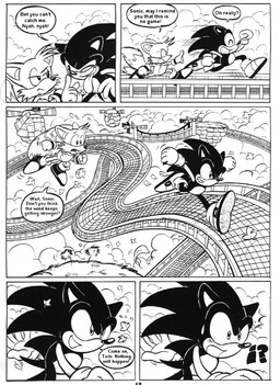 :d :o amusement_ride anthro clothing dialogue eyelid_pull eyelid_pull_taunt gesture gloves handwear interrobang making_faces open_mouth roller_coaster smile taunting teasing text tongue tongue_out ayamepso sega sonic_the_hedgehog_(series) miles_prower sonic_the_hedgehog canid canine eulipotyphlan fox hedgehog mammal black_and_white comic english_text line_art monochrome