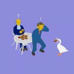 balding bottomwear burger chair clothing distressed exclamation_point food footwear furniture group holding_head honk humor jacket male mouth_hold necktie pants purple_background question_mark shirt shoes simple_background stealing table topwear trio lewis_jones steamed_hams the_simpsons untitled_goose_game gary_chalmers goose_(untitled_goose_game) seymour_skinner anatid anseriform anserinae avian bird goose human mammal 1:1 2019 cel_shading crossover meme shaded