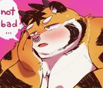 anthro beard facial_hair kemono male moobs nipples overweight overweight_anthro overweight_male pink_nose solo text uokkom felid mammal pantherine tiger 2021 bust_portrait english_text hi_res portrait