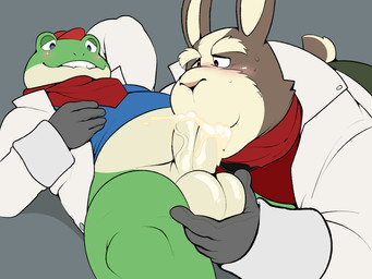 age_difference anthro anthro_on_anthro anthro_penetrated anthro_penetrating anthro_penetrating_anthro ball_grab balls belly big_penis bite biting_lip blue_eyes blush bodily_fluids clothed clothing cum cum_in_mouth cum_inside duo erection fellatio fluffy_eyebrows fur genital_fluids genitals glans hand_behind_head hat headgear headwear interspecies kerchief lidded_eyes lying_and_blow_position male male/male male_penetrated male_penetrating male_penetrating_male mature_male neckerchief neckwear oral oral_penetration pantsless penetration penile penile_penetration penis penis_in_mouth red_eyes sex shirt simple_background topwear vein veiny_penis conditional_dnp erobos nintendo star_fox peppy_hare slippy_toad amphibian frog lagomorph leporid mammal rabbit 4:3 absurd_res hi_res