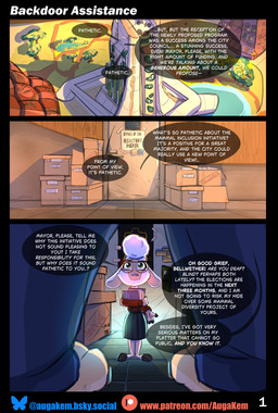 3_fingers anthro black_bottomwear black_clothing black_skirt blue_bottomwear blue_clothing blue_pants blue_suit bottomwear box building city clothed clothing comic_panel container detailed_background dialogue door duo english_honorific eyewear feet female fingers front_view fur glasses green_eyes hair holding_object hooves justice long_skirt male male/female offscreen_character open_mouth pants poster red_clothing red_shirt red_topwear shirt size_difference skirt smaller_female sparkles sparkling_eyes speech_bubble standing suit suspenders teeth text tile topwear white_body white_fur white_wool wool_(fur) auga disney zootopia dawn_bellwether leodore_lionheart bovid caprine felid lion mammal pantherine sheep comic english_text hi_res