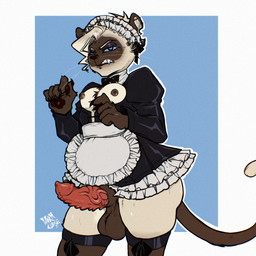 angry anthro bow_ribbon butt clothing corset femboy feminization forced forced_feminization genitals leather leather_clothing legwear lingerie maid_headdress maid_uniform makeup male nipples penile_spines penis piercing solo thick_thighs thigh_highs topwear uniform wormcurse domestic_cat felid feline felis mammal siamese_cat 1:1 hi_res
