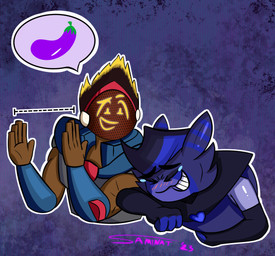 blonde_hair blue_body blush bodily_fluids brown_body brown_skin crying_laughing duo eggplant female food fruit hair humor joke laugh machine not_furry plant tears saminat knives_(squeakygears) tilly_(saminat) android humanoid monitor_head robot robot_humanoid