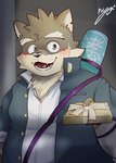 anthro blush box brown_body brown_fur container eyebrows fur gift gift_box male offering_gift scar slightly_chubby smile solo thick_eyebrows kt0414143919 lifewonders tokyo_afterschool_summoners moritaka_(tas) canid canine canis domestic_dog mammal