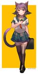 absolute_territory blush border breasts clothed clothing collarbone female footwear fur green_eyes hair legwear looking_at_viewer open_mouth purple_body purple_fur purple_hair school_uniform shoes short_hair simple_background small_breasts solo standing stockings thigh_highs uniform white_border yellow_background harukagi silvana_(silviathepony) animal_humanoid cat_humanoid felid felid_humanoid feline feline_humanoid humanoid mammal mammal_humanoid